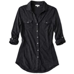 James Perse Black Button Front Shirt Stretch Pocket Long Sleeve Size L